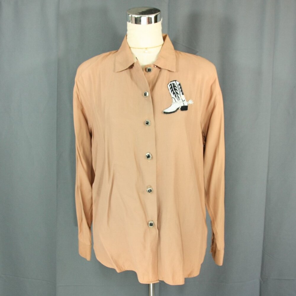 Vintage Fascination Western Cowboy Boot Satin Blouse Button Down M Tan 1980s